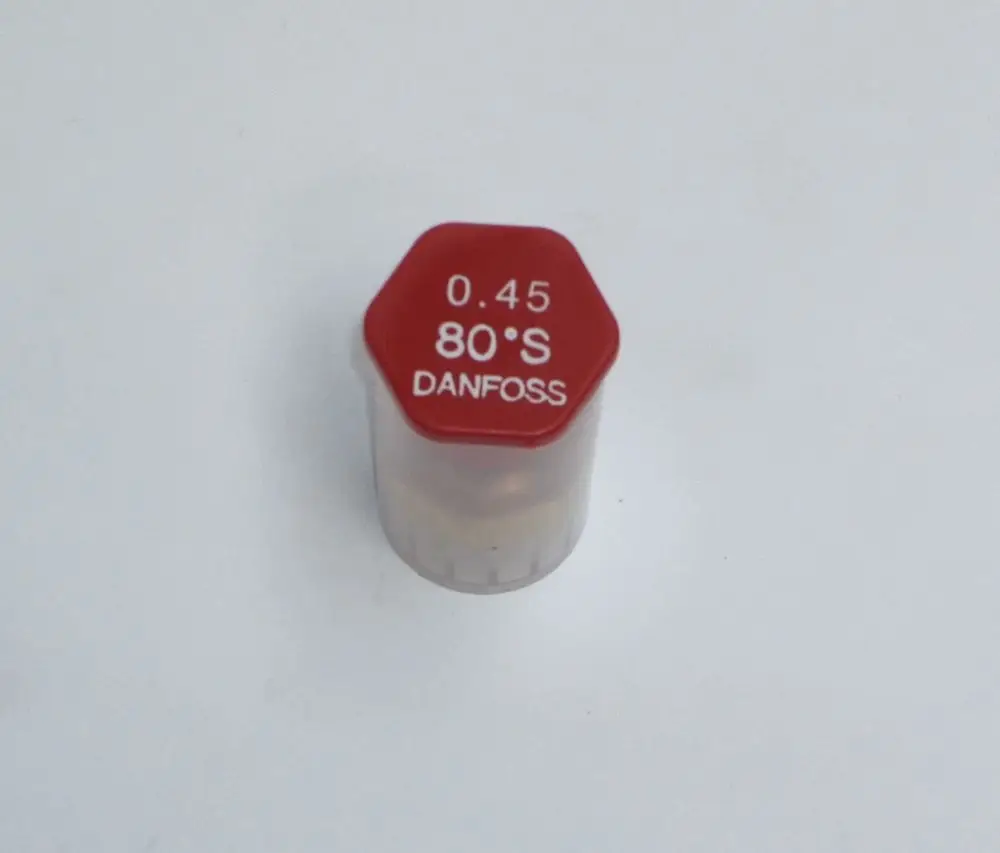 Danfoss Öl-Düse mit rotem Verschluss, beschriftet mit 0.45 und 80 Grad, für Daikin Heizsysteme geeignet.
